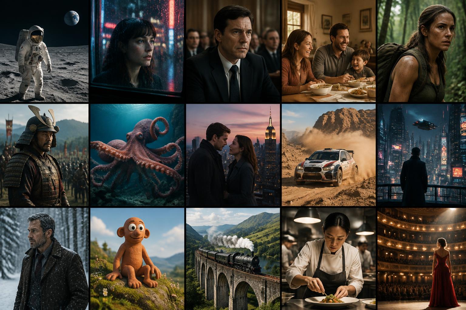A collage of cinematic scenes spanning science fiction, drama, adventure, and comedy